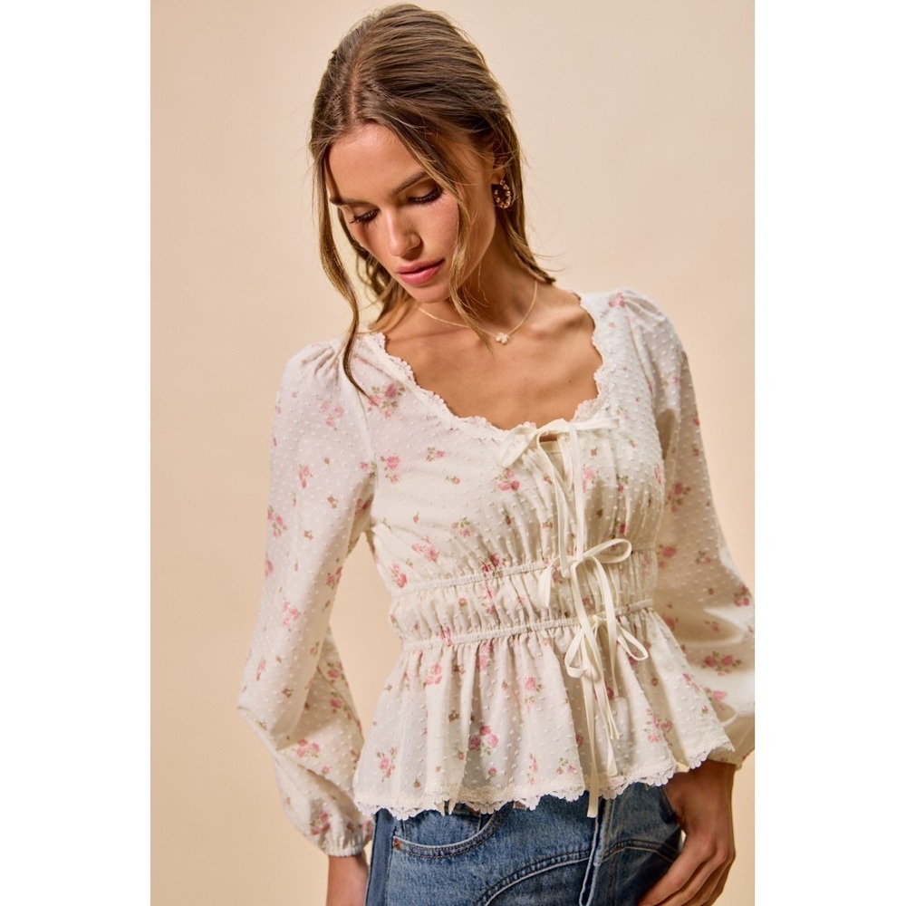SO ME Floral Clip Dot Lace Trim Ruched Bodice Blouse - White - Medium - Picture 8 of 16